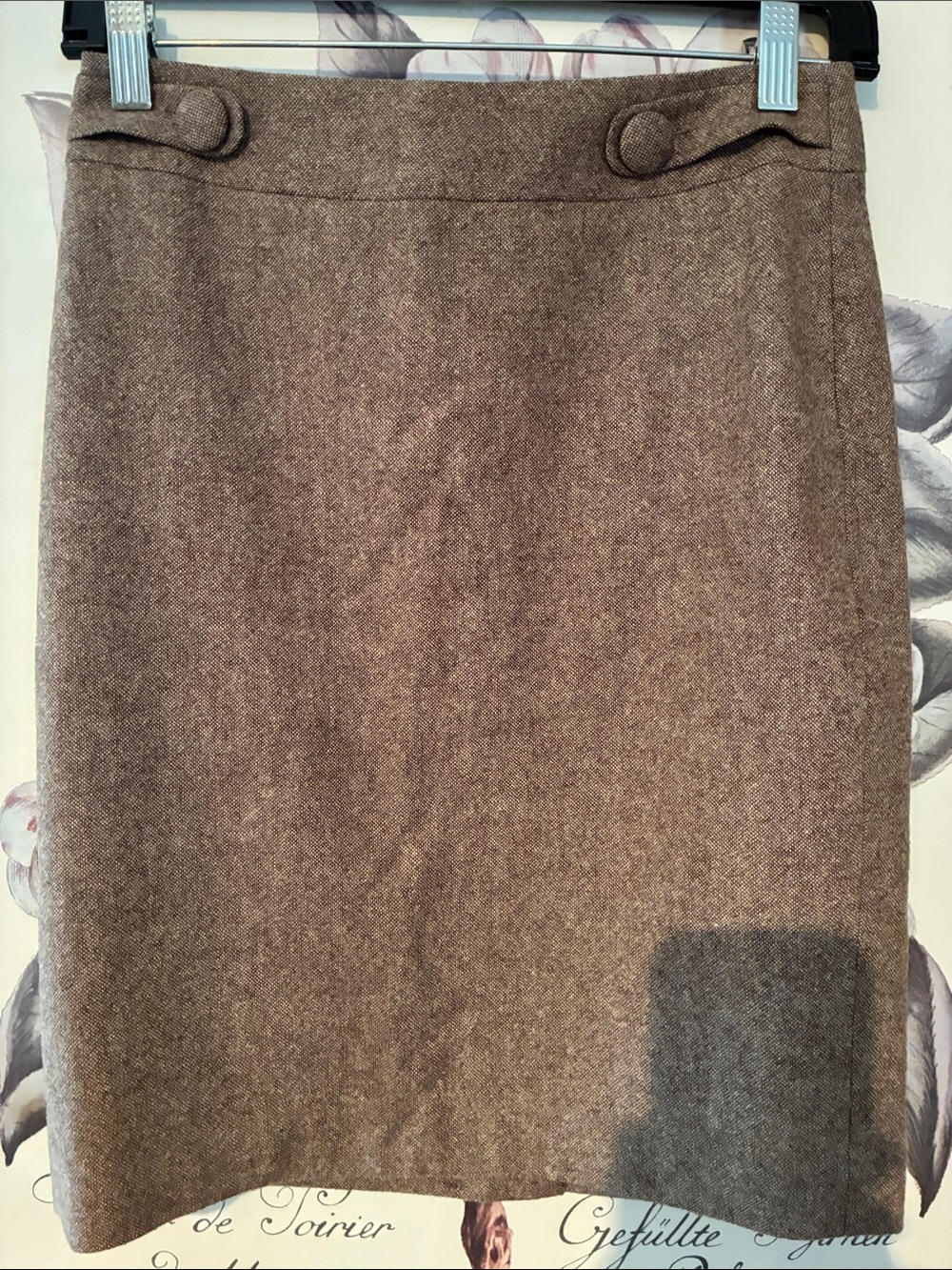 Ann Taylor Tweed Brown Pencil Skirt with Button-Tab Waist
